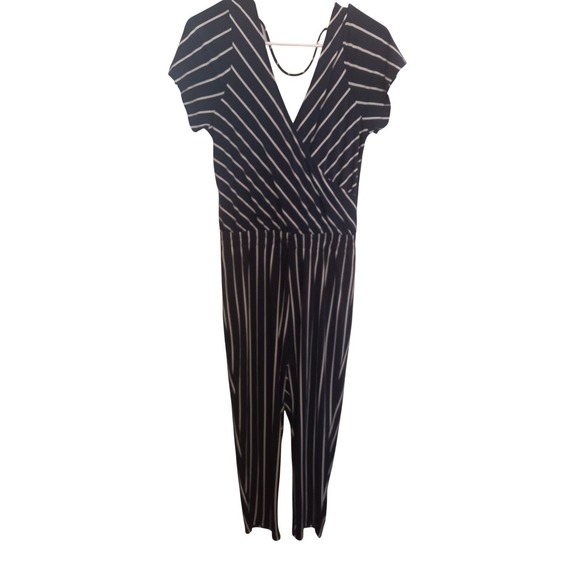 Belle Look Pants - Belle Look Navy Blue White Striped Wrap V-Neck Jumpsuit Medium